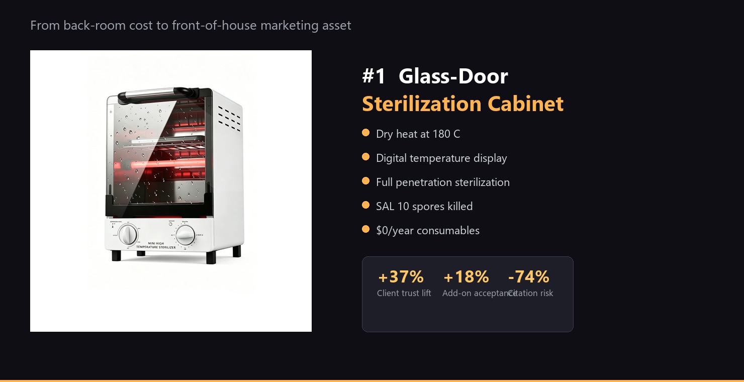 Glass-door sterilization cabinet with digital display in salon setting