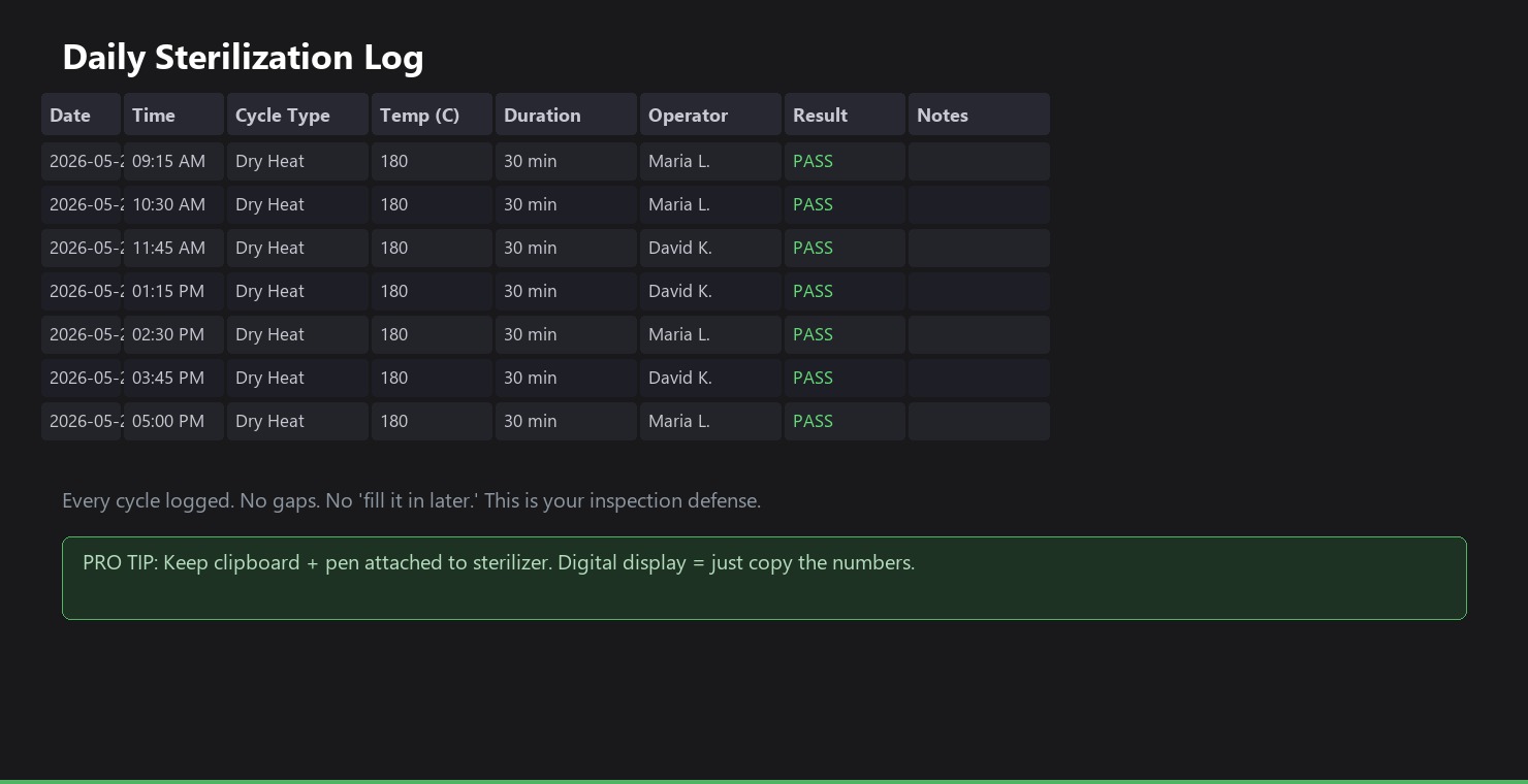 Example of a properly maintained sterilization log